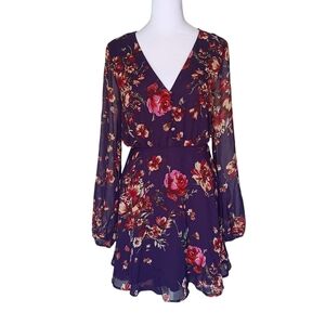 Lulus Dress Skater Women's Size S Belted‎ #67167 Purple Long Sheer Sleeves